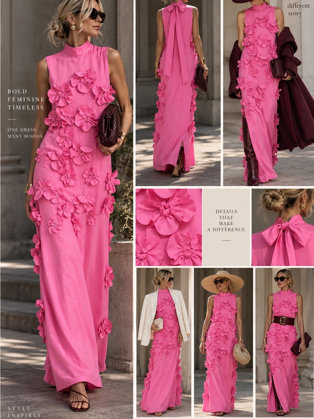 Hot Pink 3D Floral Appliqué Maxi Dress High Neck Bow Back Statement Gown